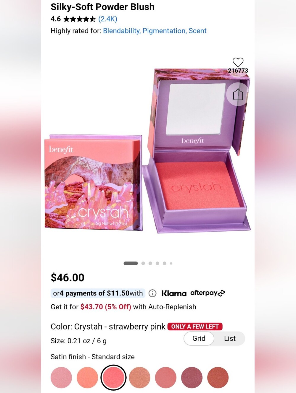 benefit Crystah Satin Blush — Strawberry Pink, Lightly Used